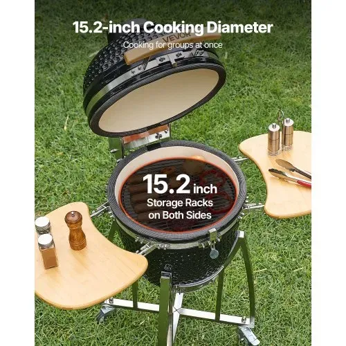VEVOR Kamado Grill, Keramikgrill, Smoker Ø 450 mm, mit Holzgriffen, Seitenablagen, Metallstand mit Rollen & Thermometer bis 400°C, oberer & unterer Luftstrom, für BBQ, Grillen, Kochen & Backen Outdoor – Bild 3