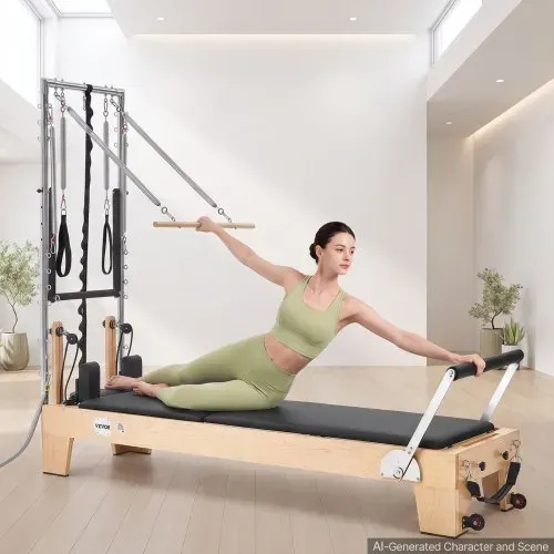 VEVOR Pilates Reformer mit Half Tower 2400 x 735 x 1990 mm aus Ahornholz Ideal für Heimgebrauch & Fitnessstudio, bis 181 kg Belastbar, mit Jumpboard, Federn, Pilates-Box und Verstellbarer Kopfstütze – Bild 7