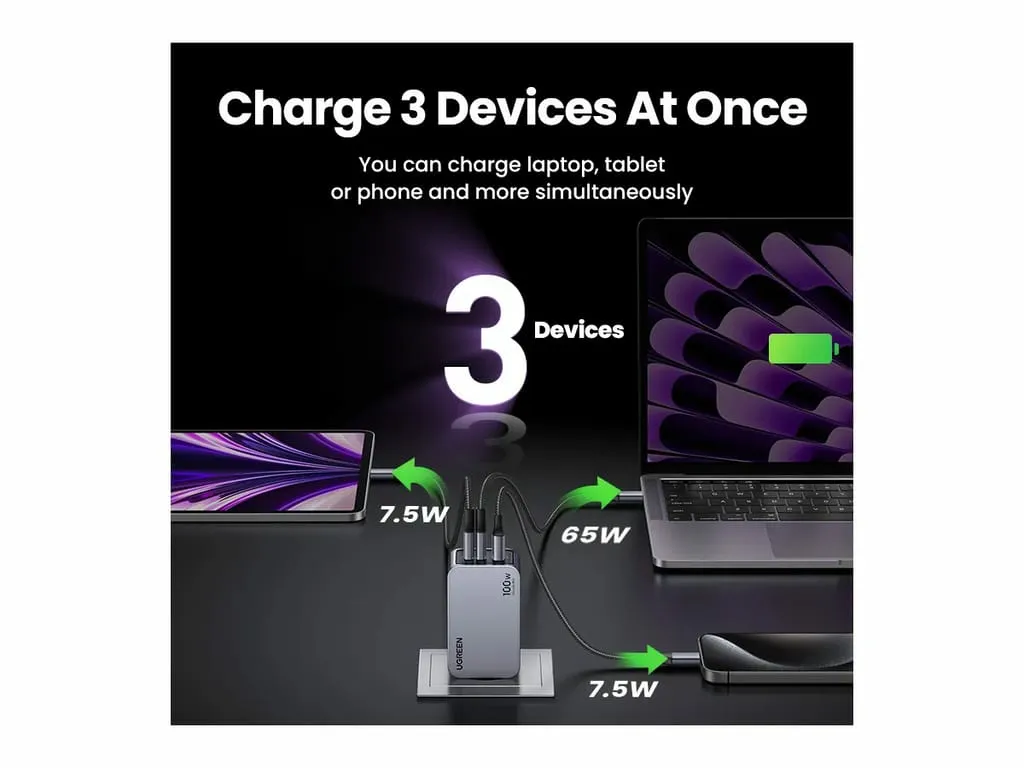 Ugreen Nexode Pro EU 3-Port GaN PD Fast Charger With USB-C Cable Universal Schwarz, Grau AC Schnellladung Drinnen – Bild 5