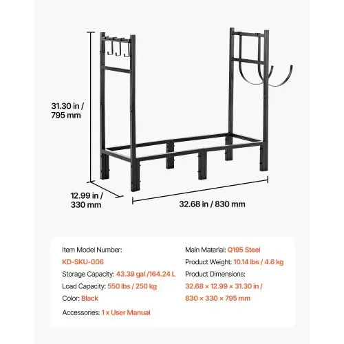 VEVOR Kaminholzregal Brennholzregal Feuerholzregal Kaminholzhalter 830 mm, für Kamin Ofen im Terrasse & Balkon, Stahlkonstruktion, Tragfähigkeit 250 kg Kapazität 164,24 L, mit Holztragetasche, Schwarz – Bild 6