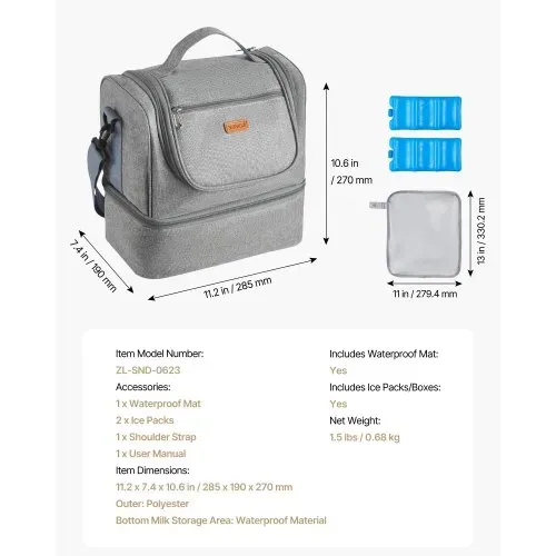 VEVOR Tragbare Milchpumpentasche 285x190x270 mm, Tragetasche für Milschpumpe mit Kühlakku, passend für S1/S2, Pumpzubehör & Muttermilchaufbewahrung, für Arbeit, Reisen und Familiengebrauch, grau – Bild 6