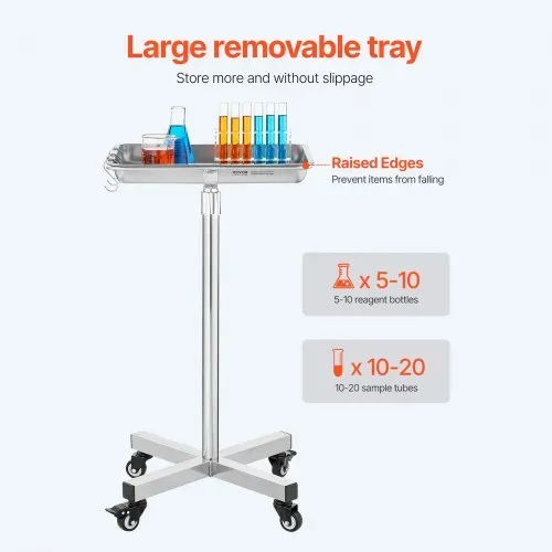 VEVOR Laborwagen Servierwagen Edelstahl mit abnehmbaren Tabletts aus Edelstahl Tragkraft bis 16 kg, einstellbare Höhe 64-101cm, medizinisches Tablett für Spa Salon Klinik Körperpflege Silber – Bild 4
