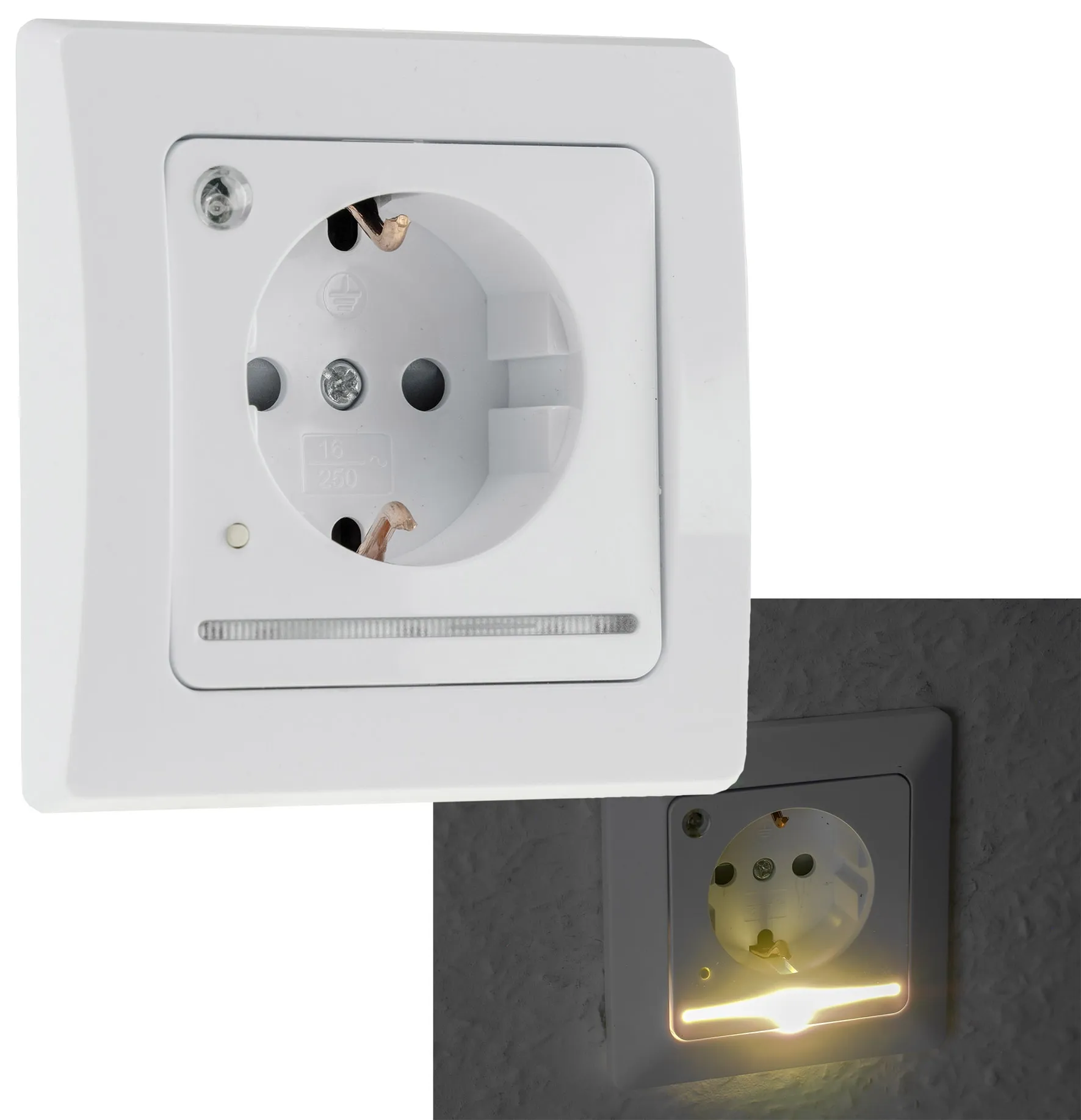 DELPHI Schutzkontakt-Steckdose mit LED weiß, 250V~/ 16A, Licht mit Sensor DELPHI Schutzkontakt-Steckdose mit LED weiß, 250V~/ 16A, Licht mit Sensor