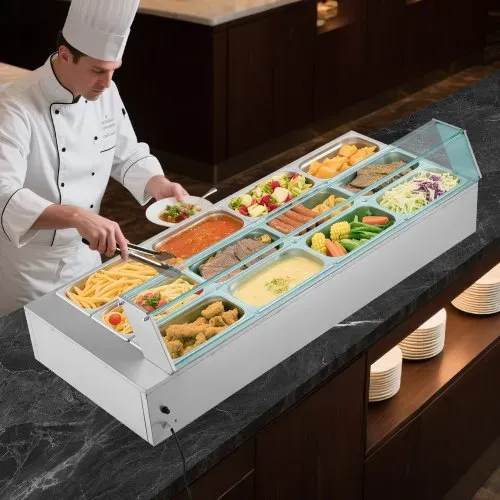VEVOR kommerzieller Speisenwärmer (12 x 1/3 Größe Behälter), 1,7 kW elektrischer Wärmebehälter aus Edelstahl mit Glasabdeckung & Suppenkelle, Chafing Dishes für Catering Restaurant Party – Bild 7