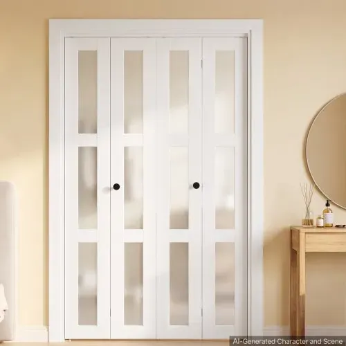 VEVOR Falttür Klapptür Komplettset 1219 mm (vier 305 mm) x 2032 mm Mattglas, für Schränke & Schlafzimmer, 4-tlg. Faltschiebetür mit Metallbeschlägen & Verbundrahmen, Modern Stilvoll & Platzsparend Weiß – Bild 7
