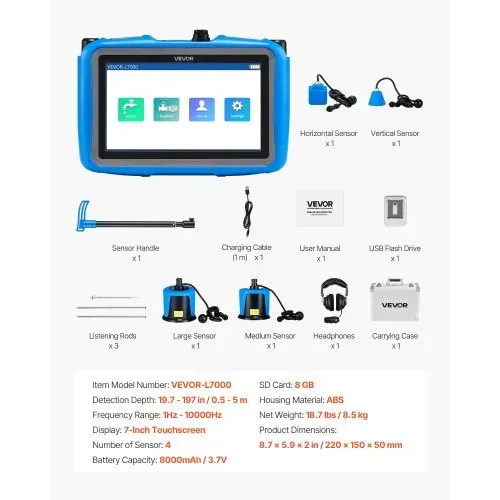 VEVOR Rohr-Wasserleckdetektor mit 4 Sensoren, 1 Hz–10000 Hz, 7-Zoll-Touchscreen, Ortungsgerät für unterirdische Rohrleitungen mit 3 Abhörstäben, Kopfhörer, 8-GB-Karte & Tragetasche – Bild 6