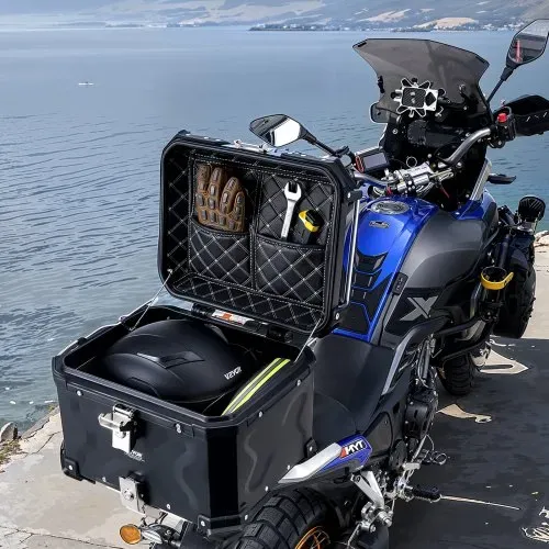 VEVOR Motorrad-Topcase Motorradkoffer 55 L Heckbox aus Aluminiumlegierung mit Lederfutter, abnehmbare Motorrad-Topbox mit Schloss & Rückenpolster, Helmkoffer (470 x 430 x 367 mm) Schwarz – Bild 7