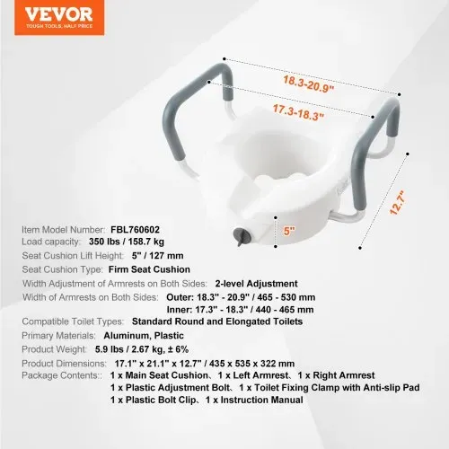 VEVOR Toilettensitzerhöhung WC Sitzerhöhung für Senioren 127 mm, erhöhter Toilettensitz einstellbar, Toilettenaufsatz für Senioren, Sitzerhöhung Toilette mit Griff, Toilettensitzerhöhungen Weiß – Bild 6