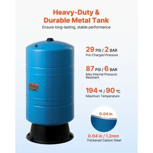 VEVOR Drucktank für vertikale Brunnen, 75,7 L vorgeladener Druckwassertank für Brunnenpumpen, Wasserspeicherbehälter aus Karbonstahl für Zuhause, Schule, Bauernhof und Bewässerungssysteme – Bild 2
