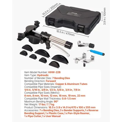 VEVOR Hydraulisches Rohrbiegegerät, 6-22 mm, Vorwärts-/Rückwärtsbiegewerkzeug-Set für HLK-Anlagen, mit 7 Aluminiumlegierungs-Biegebacken, für HLK-Klimaanlagen, Kältetechnik & Autoreparaturen – Bild 6