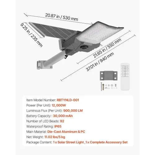 VEVOR Solar Straßenlaterne 900000 LM, Straßenlampe 12000 W, mit Dämmerungssensor, geteilte LED-Flutlicht-Solarleuchte mit Funkfernbedienung, Gartenlampe, IP65 wasserdicht, für Einfahrten & Höfe – Bild 6