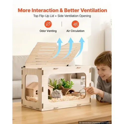 VEVOR Hamsterkäfig Nagerkäfig Nagarium Hamstergehege Holz 605x405x405mm, 270°-Sichtfenster Nagersicher mit Deckel Belüftung für Goldhamster Zwerghamster Meerschweinchen Rennmäuse – Bild 4