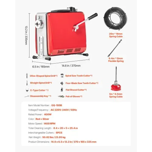 VEVOR Elektrische Rohrreinigungsmaschine, 400 W, 1400 U/min, Abflussreiniger, 20 m x 16 mm & 5 m x 9,5 mm Federkabel, 0,4 m x 12 mm flexible Feder & 6 Schneider, für Rohre mit 50–110 mm Durchmesser – Bild 6