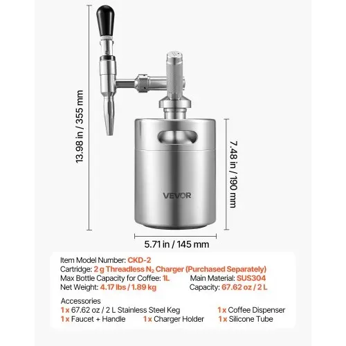 VEVOR Nitro-Cold-Brew-Kaffeefass 2 L, Edelstahl-Kaffeemaschine mit Zapfhahn, Heimbrüh-Kaffeefass, Tragbares Kaffeefass mit Spender und Druckentlastungsventil, Geeignet für Kaffeeliebhaber – Bild 6