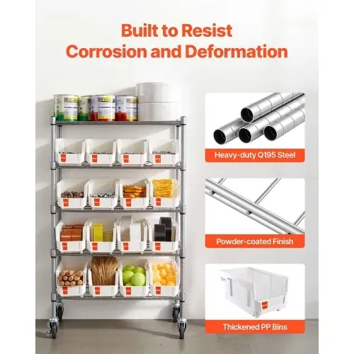 VEVOR Standregal, Lagerregal mit 5 Ebenen & 16 Stapelboxen, Bücherregal Küchenregal mit Rollen, Fahrregal für Garage, Lager, Büro, Restaurant, Klassenzimmer, Küche, 610x355x1065 mm – Bild 5