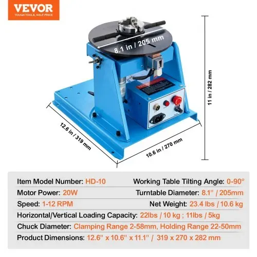 VEVOR Schweißdrehtisch 20 W Schweißpositionierer 1-12 U/min Manipulator 10 kg(Horizontal)/5 kg(vertikal) Drehtisch 0–90° Neigungswinkel K01-63 Dreibackenfutter zum Schneiden, Schleifen, Montieren – Bild 6