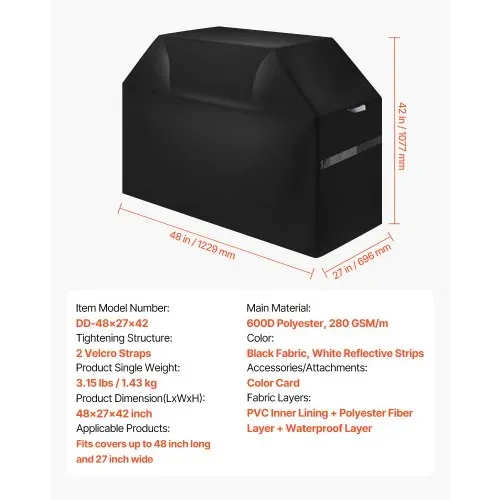 VEVOR Grillabdeckung Abdeckhaube Grillhaube (1219 mm) Abdeckplane für Außengrills, wasserdicht & wetterbeständig, strapazierfähiges 600D-Polyester, einfaches An- und Ausziehen, mit Klettbändern – Bild 6