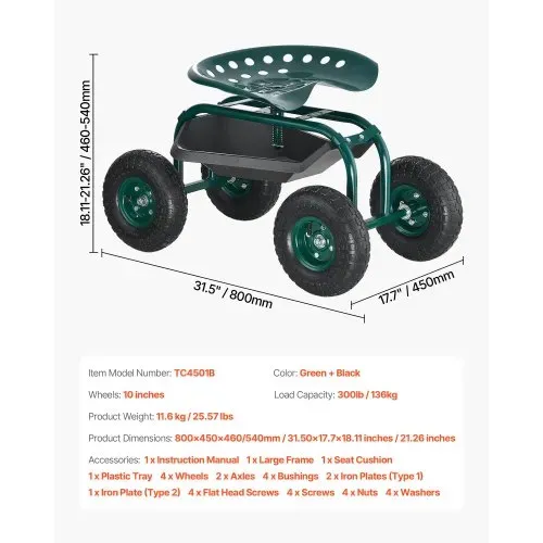 VEVOR Gartenrollsitz 800x487x460/540 mm, Fahrbarer Gartensitz mit Werkzeugablage, Tragkraft 136 kg, Gartenhocker für den Außenbereich, Roller zum Bepflanzen und Jäten von Rasenflächen – Bild 6