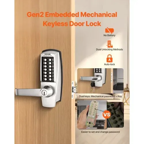 VEVOR mechanisches schlüsselloses Türschloss mit einseitiger Tastatur (14 Tasten), schlüsselloses Türschloss mit Griff & Schlüsseln, eingebautes Codeschloss für Haus Büro Außenzaun Hof Silber VEVOR mechanisches schlüsselloses Türschloss mit einseitiger Tastatur (14 Tasten), schlüsselloses Türschloss mit Griff & Schlüsseln, eingebautes Codeschloss für Haus Büro Außenzaun Hof Silber