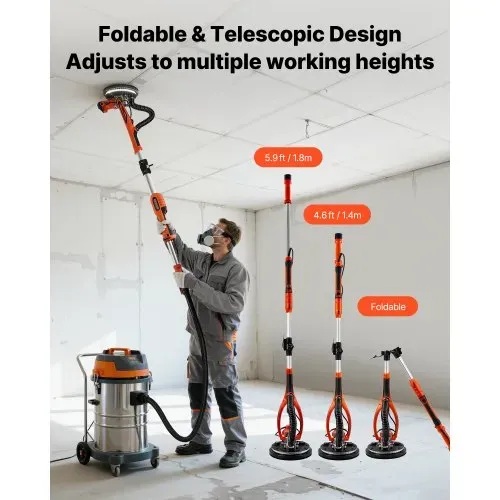 VEVOR Trockenbauschleifer 850 W, Deckenschleifer mit 255 mm Schleifteller, Langhalsschleifer mit 800–1700 U/min Drehzahl, Doppelwandiger LED, Ausziehbarem Griff, 15 Schleifscheiben, Staubschlauch – Bild 2