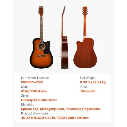 VEVOR Elektro Akustische Gitarre Cutaway Anfänger 1041,4 mm (41 inch) Erwachsene Sunburst – Bild 6