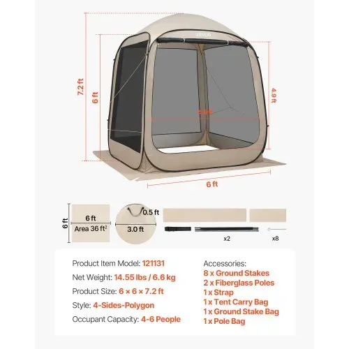 VEVOR Campingzelt, 182,88x182,88x219,4 cm, Partyzelt für 4-6 Personen, Pop Up Zelt mit Tragetasche, Netz-Seitenwänden und Heringen, für Garten, Terrasse und Outdoor-Aktivitäten, Beige – Bild 6
