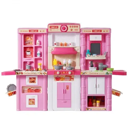 VEVOR Kinderküchen-Spielset, 3-in-1-Kleinkinderküche mit simuliertem Sprühnebel, Geräuschen & Lichtern, Spielküchenset mit 74-teiligem Kochzubehörset für Kinder im Alter von 3–8 Jahren, pink – Bild 8