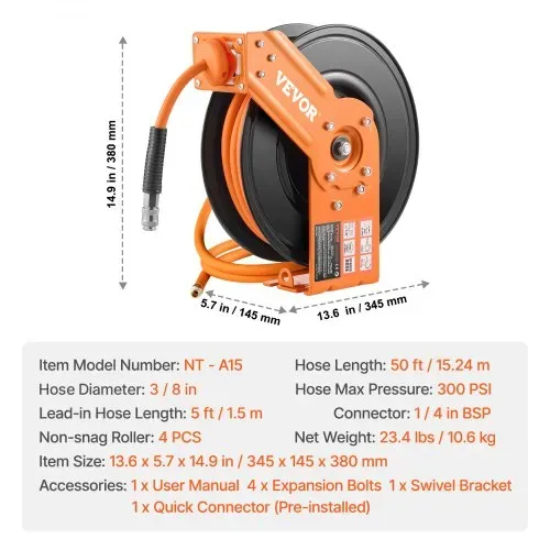 VEVOR Druckluftschlauch Schlauchtrommel, 9,52 mm x 15,24 m Hybrid-Luftschlauch, max. 300 PSI, Schlauchaufroller mit automatischem Aufrollen & Zuleitung, für Decken-/Wandmontage & 180° Schwenkhalterung – Bild 6