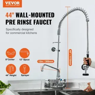 VEVOR Kommerzieller Wasserhahn mit Vorspülbrause, 111 cm Höhe, 203 mm Mitte, 305 mm Schwenkauslauf, Wandmontage Küchenspülenhahn, Messingkonstruktion mit Ausziehbarer Brause, für 1/2/3-Fach-Spüle VEVOR Kommerzieller Wasserhahn mit Vorspülbrause, 111 cm Höhe, 203 mm Mitte, 305 mm Schwenkauslauf, Wandmontage Küchenspülenhahn, Messingkonstruktion mit Ausziehbarer Brause, für 1/2/3-Fach-Spüle