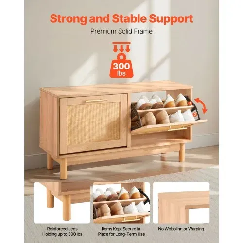 VEVOR Schuhregalbank Schuhbank (100 x 30 x 53 cm), Rattan-ähnliche Eingangsbank mit 2 Klappschubladen, Schuhregal mit 4 Fächern & 2 Rattantüren (136 kg belastbar), für Flur Wohnzimmer Schlafzimmer – Bild 2