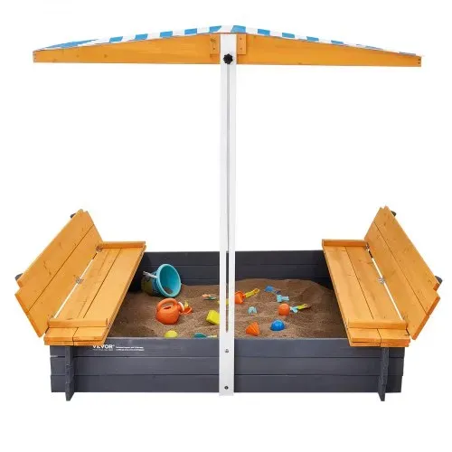 VEVOR Holzsandkasten mit Überdachung, Sandkasten, Sandgrube mit klappbaren Sitzbänken und Bodeneinlage, Naturholz-Sandkasten für Kinder für den Garten, Geschenk für Kinder im Alter von 3–12 Jahren – Bild 9