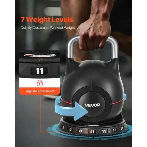 VEVOR Kugelhantel verstellbare Kettlebell mit 7 Gewichtsstufen (2/5/8/11/14/17/20 kg), Schwunghantel aus ABS + Aluminium-Druckguss, für Griffkrafttraining Ganzkörpertraining Cross-Training Schwarz – Bild 2
