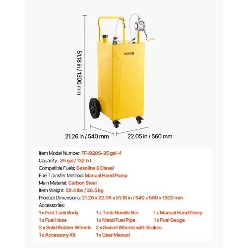 VEVOR 132,5L Kraftstofftrolley Mobile Tankanlage mit Manueller Pumpe Gelb, Tragbarer Kraftstoffbehälter für KFZ Rasenmäher Boot, Mit 4 Rollen & Ölstandsanzeige, Für Benzin & Diesel, Kohlenstoffstahl – Bild 6