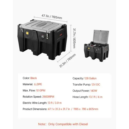 VEVOR Tragbarer Dieseltank, 484,5 L Fassungsvermögen & 45 L/min Durchflussrate, Gaskraftstofftank mit 12 V Transferpumpe & 4 m Gummischlauch, Diesel-Transfertanks für Kraftstofftransport, Schwarz – Bild 6