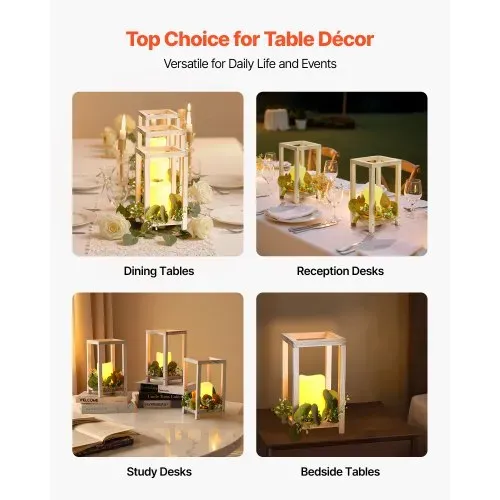 VEVOR 12er-Set, Holzlaternen, inkl. 12x Kerzenhaltern aus Holzlaternen, 12x flammenlosen LED-Kerzen, 12x Eukalyptusblätter-Kranz für Hochzeitstisch, Party, Bauernhaus-Dekoration, Weiß – Bild 5