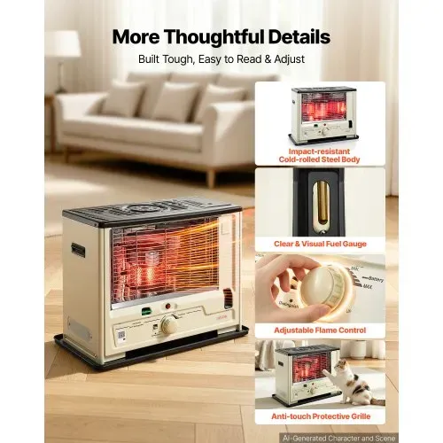 VEVOR Petroleumheizung 2930W Tragbare Petroleumofen 4,44L Ölheizung Beige, Heizkanone für Zuhause Camping Notfall, Max. 10 m², Sicherheitsgitter, Kippschutz, Flammenregulierung, mit Tankanzeige & Akku – Bild 4