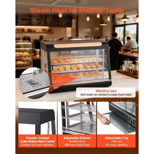VEVOR 3-stöckige Wärmetheke 130 L, Warmhaltevitrine 1400 W, Warmhaltetheke 30–85 °C, Speisenwärmer mit LED-Beleuchtung & Verstellbaren Ablagen, Speisevitrine für Hamburger Pizza Brot Brathähnchen – Bild 5