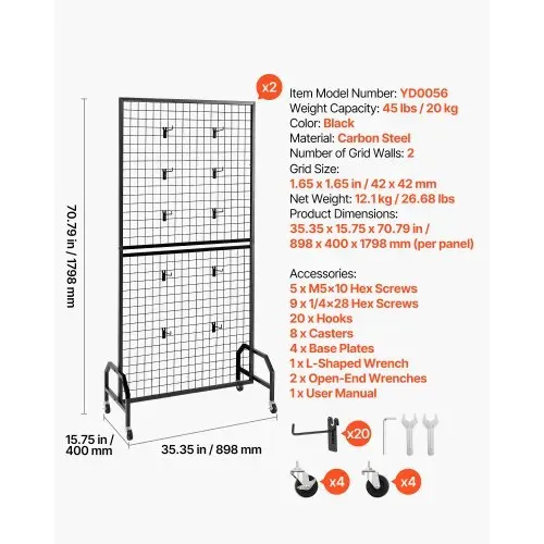 VEVOR Gitterwandpaneele Gitterwand (898 x 400 x 1798 mm) 2 Stk. rollbarer Präsentationsständer mit 20 Haken, Präsentationsregale aus Kohlenstoffstahl Kunstausstellungsregal für Dekoration Lagerung – Bild 6