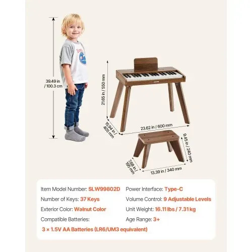 VEVOR Kinder Keyboard, 37 Tasten, Digitalpiano aus Holz für Kinder ab 3 Jahren, Mini-Musikinstrument-Spielzeugset mit Hocker, Realistischem Klang, Dual-Power, Einstellbarer Lautstärke, Walnuss – Bild 6