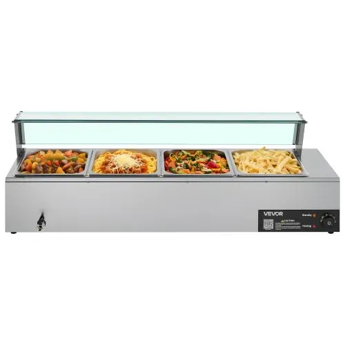 VEVOR kommerzieller Speisenwärmer (4 x 1/2 Größe Behälter), 1,5 kW elektrischer Wärmebehälter aus Edelstahl mit Glasabdeckung & Suppenkelle, Chafing Dishes Set für Catering Restaurant Party – Bild 8