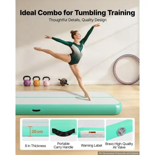 VEVOR Aufblasbare Gymnastikmatte 500x100x20 cm Airtrack-Turnmatte für Training, Wettkampfsport & Yoga, mit Rutschfester Oberfläche, 600-W-Elektroluftpumpe, Reparaturflicken, Düsen & Tasche, Mintgrün – Bild 4
