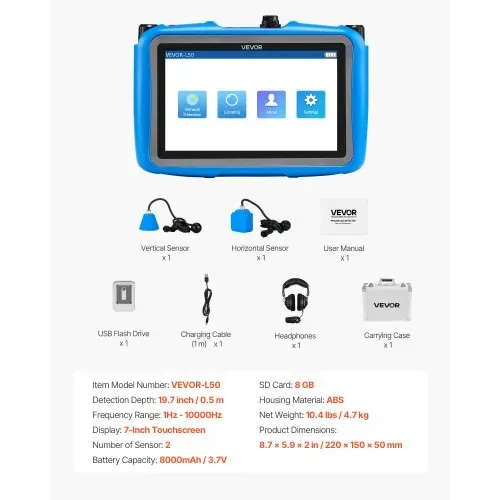 VEVOR Rohr-Wasserleckdetektor, 1 Hz–10000 Hz, 7-Zoll-Touchscreen, Ortungsgerät für Wasserlecks in Rohrleitungen mit horizontalen & vertikalen Sensoren, Kopfhörer, 8 GB SD-Karte & Tragetasche – Bild 6