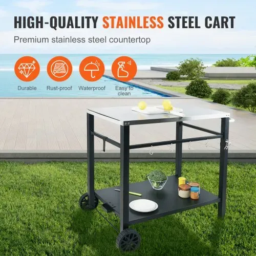 VEVOR Servierwagen Küchenwagen 100 x 64 x 83,5 cm Outdoor-Grill-Esswagen mit Doppelter Ablage, Beweglicher Grilltisch für die Zubereitung von Speisen, Multifunktionale Tischplatte aus Edelstahl – Bild 2