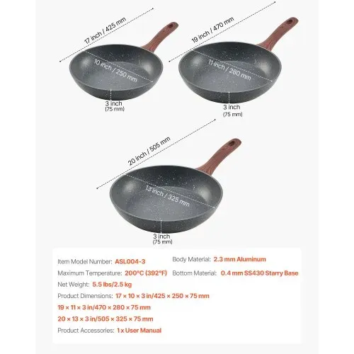 VEVOR Bratpfannen Set 3-tlg. (250 / 280 / 325 mm), Hochleistungs-Bratpfannen aus Aluminium (Antihaftbeschichtet), Kochpfanne Küchenkochgeschirr geeignet für Gas Elektro Induktion Grau – Bild 6