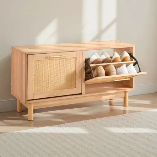 VEVOR Schuhregalbank Schuhbank (100 x 30 x 53 cm), Rattan-ähnliche Eingangsbank mit 2 Klappschubladen, Schuhregal mit 4 Fächern & 2 Rattantüren (136 kg belastbar), für Flur Wohnzimmer Schlafzimmer – Bild 7