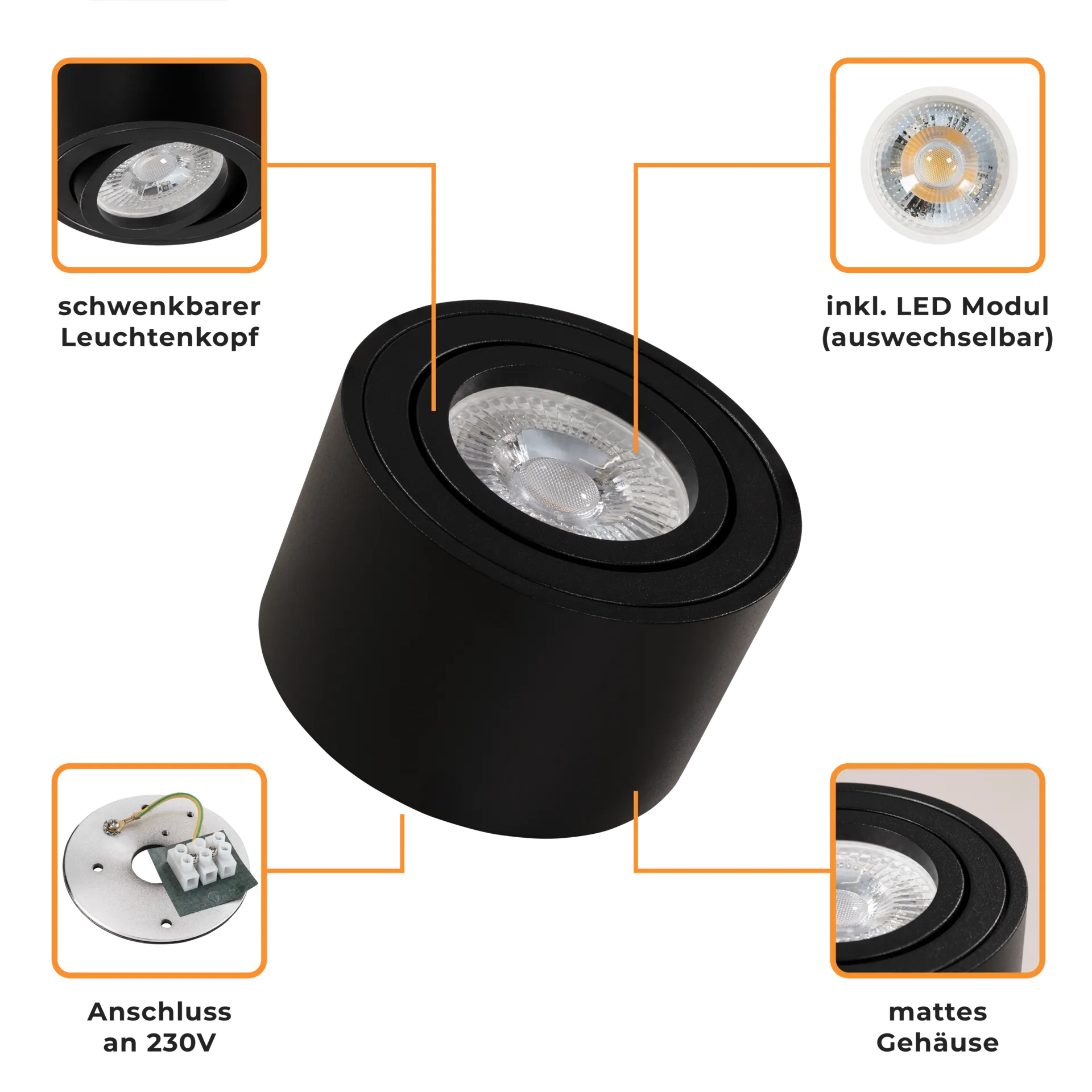 LED-Aufbauleuchte McShine, 5W, 400Lumen, 3000K, ØxH 80x50mm, schwarz, 5er-Pack – Bild 4