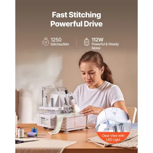 VEVOR Overlock-Nähmaschine 1250 Stiche pro Minute, 3- und 4-Faden-fähig, mit LED-Licht & starken Saugfüßen, robuste Nähmaschine mit Metallrahmen für verschiedene Stoffe, Weiß – Bild 3