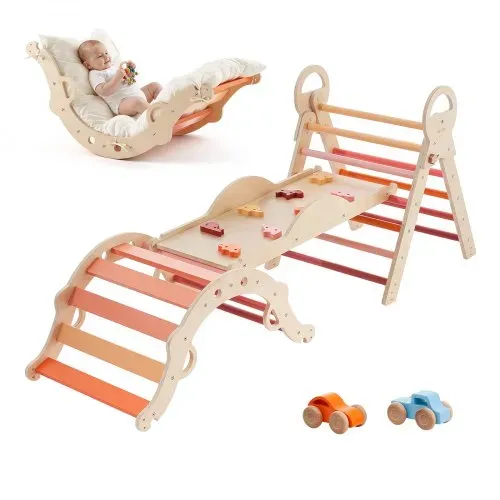 VEVOR Kletterdreieck, 9-in-1 Kletterspielzeug, mit Holzautos, Kissen, Kletterdreieck, Rutsche & Kletterbogen, bis 68 kg, Montessori Indoor Spielset für Kinder im Alter von 1 bis 3 Jahren, Orange – Bild 8