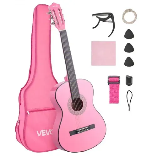 VEVOR Konzertgitarre, 960 mm, Holz-Klassikgitarren-Starter-Set für Anfänger, mit Nylonsaiten, Gigbag, Gurt, Stimmgerät, zusätzlichen Saiten, Plektren, Kapodaster, Linde, für Einsteiger, Pink VEVOR Konzertgitarre, 960 mm, Holz-Klassikgitarren-Starter-Set für Anfänger, mit Nylonsaiten, Gigbag, Gurt, Stimmgerät, zusätzlichen Saiten, Plektren, Kapodaster, Linde, für Einsteiger, Pink