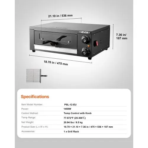 VEVOR elektrischer Pizzaofen, 30 cm Tischpizzaofen 25-300 °C, 1450 W, Pizzaofen mit Zeit- und Temperaturregelung & zwei Heizrohren, Grillrost, für Küche und Gastronomie – Bild 6